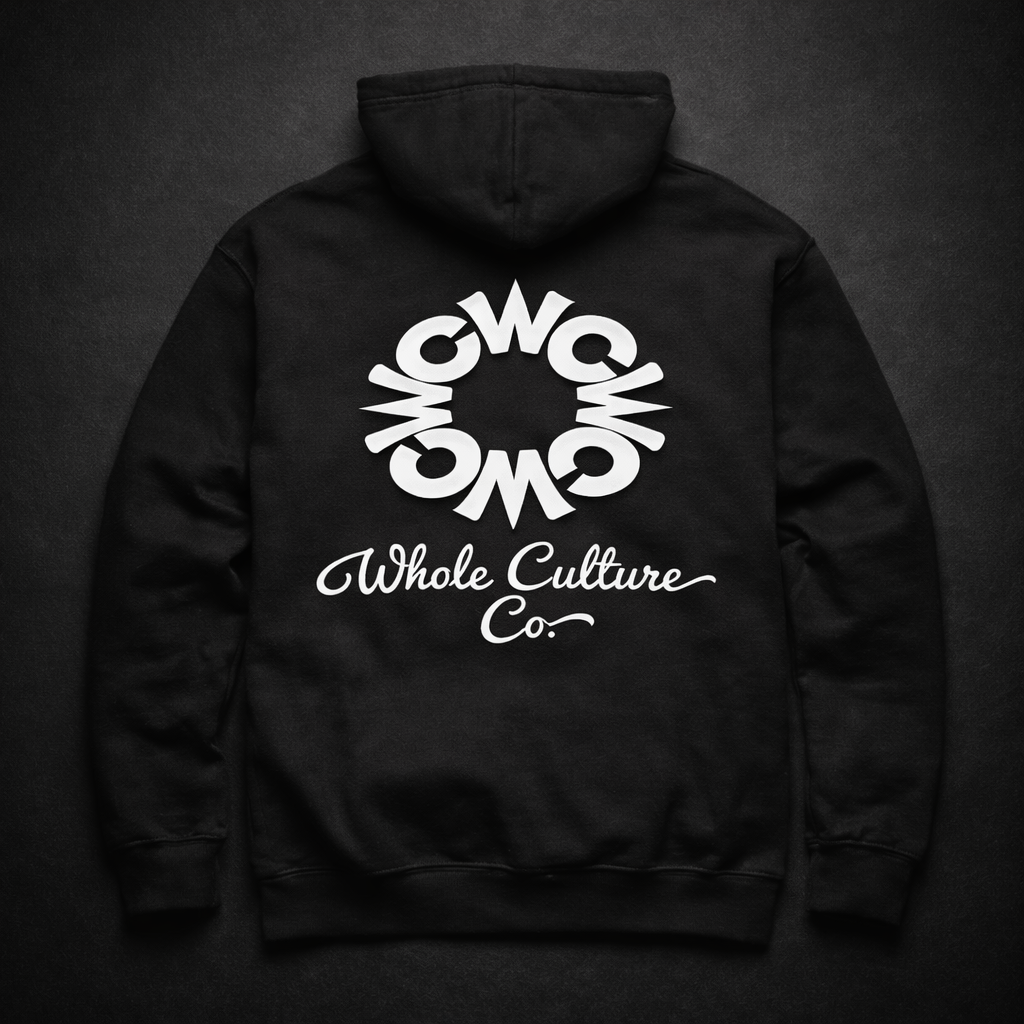 WCWC Circle Logo Hoodie, back flat lay, outline print, black