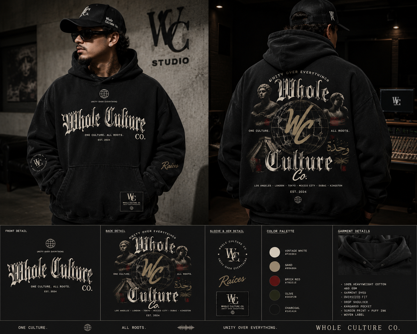 Heritage Hoodie print detail, color palette, and garment spec sheet